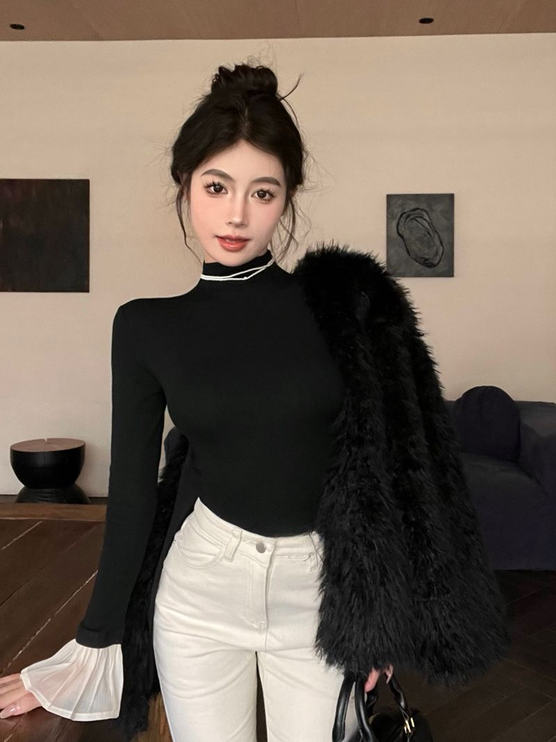 黑色磨毛半高領喇叭袖t恤女冬季收腰緊身內搭短款氣質打底衫上衣