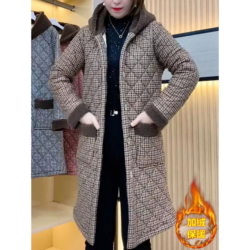 中長款加絨新款保暖罩衣中老年上衣棉服加厚媽媽棉襖外套格子棉衣