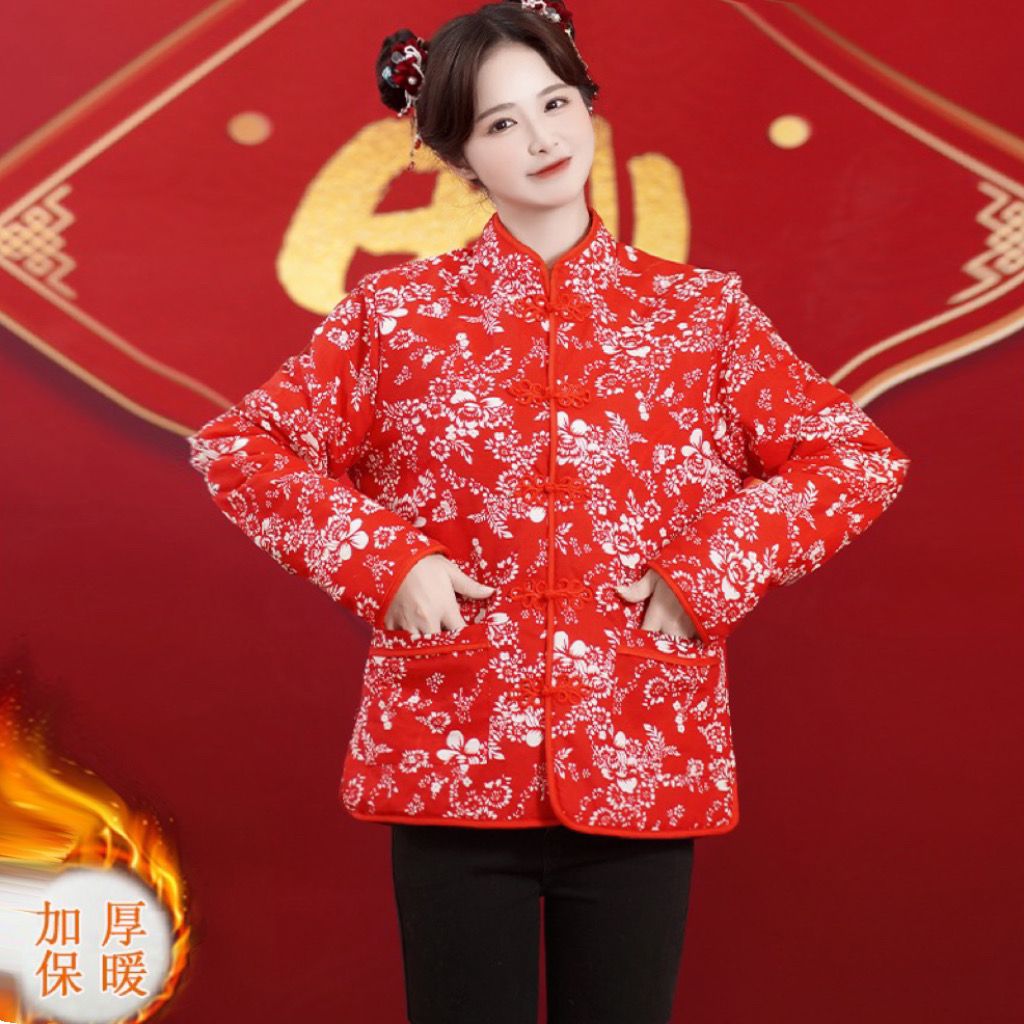 Winter cotton coat, young version, small floral cotton jacket, Chinese style Tang suit, short thickened warm retro buckle jacket for women