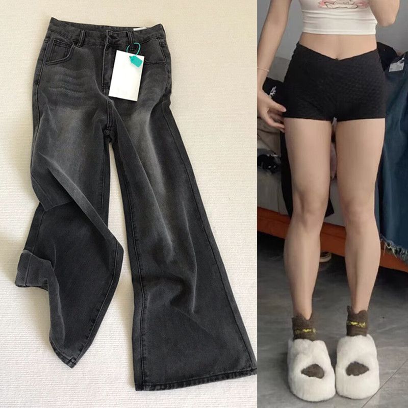 黑灰色直筒牛仔褲女高腰秋冬加絨大碼胖mm寬鬆顯瘦梨形身材闊腿褲