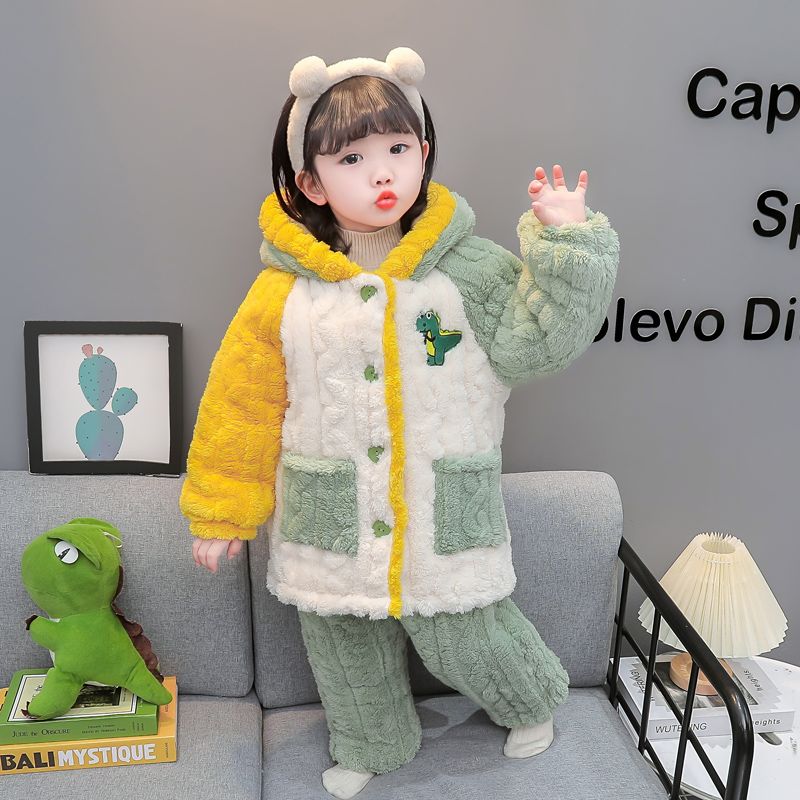 Children's pajamas for girls 2023 new autumn and winter thickened three-layer quilted girls' coral velvet baby dinosaur suit