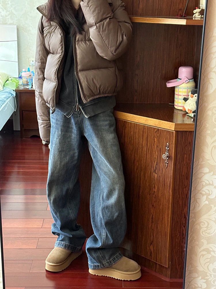 美式復古闊腿牛仔褲女冬季新款小個子高腰直筒顯瘦寬鬆拖地長褲潮