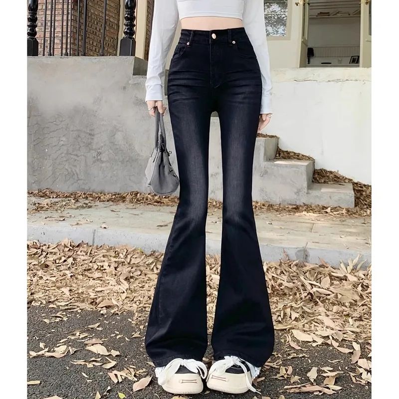小個子黑色彈力微喇牛仔褲女辣妹修身顯瘦拖地馬蹄長褲高腰直筒褲