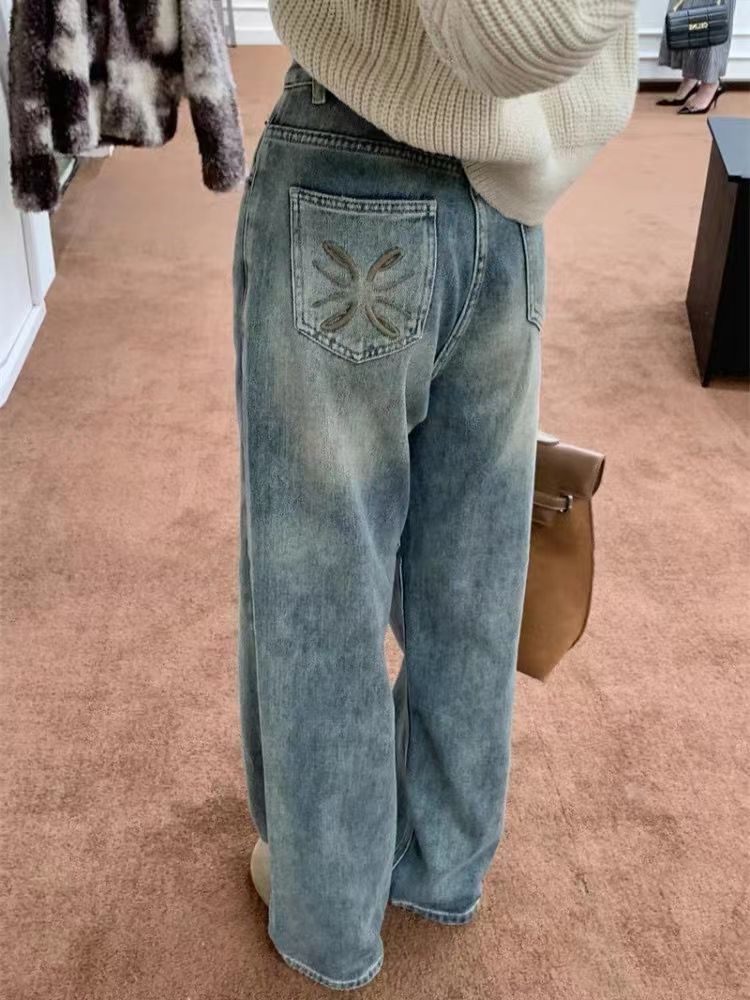 設計感口袋刺繡牛仔褲女秋冬新款高腰寬鬆顯瘦直筒百搭拖地長褲子