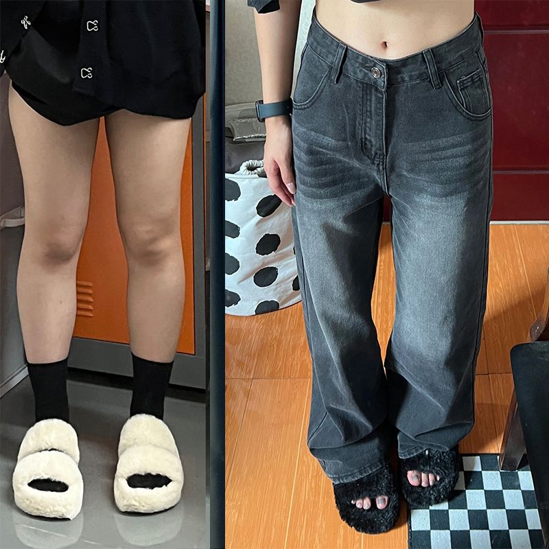 大碼胖mm黑灰色直筒牛仔褲女秋冬梨形身材顯瘦寬鬆復古高腰闊腿褲