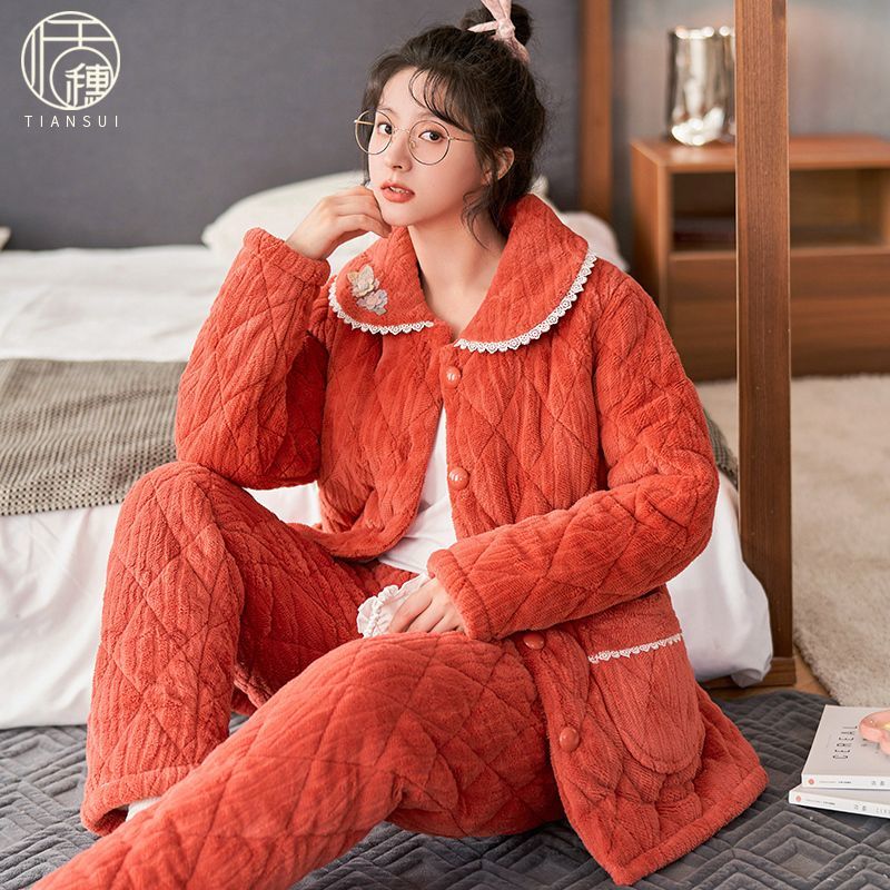 睡衣女士冬季三層夾棉加絨加厚珊瑚絨卡通可愛保暖家居服紅色套裝