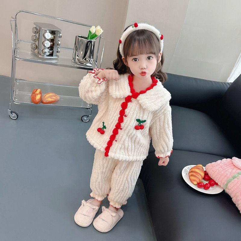 Girls Coral Fleece Pajamas Autumn and Winter 2023 New Girls Baby Flannel Winter Plus Velvet Home Clothing Set