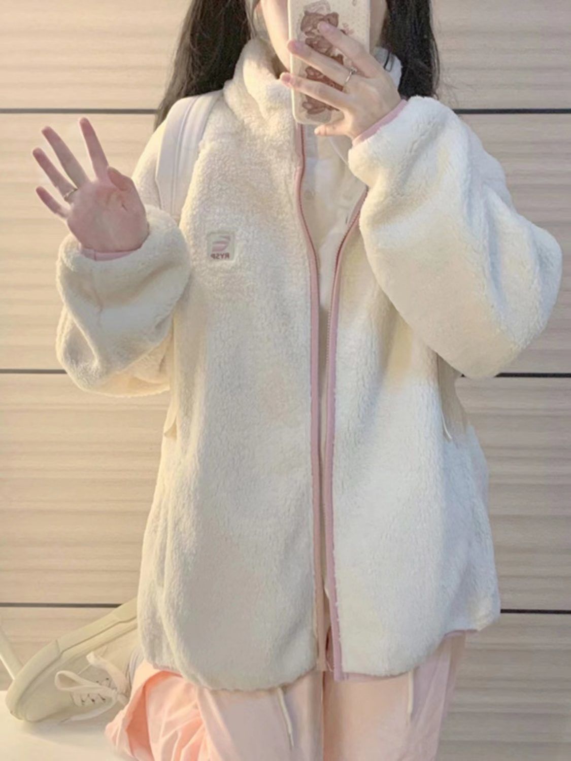 日系學院風撞色羊羔毛絨外套女冬季新款加絨加厚款寬鬆慵懶風開衫