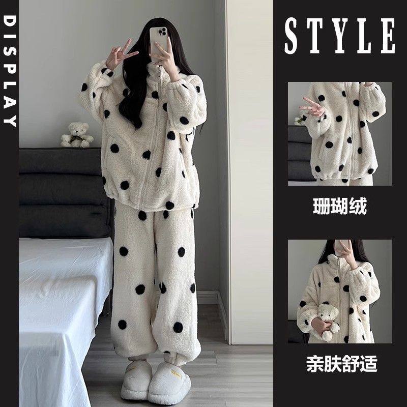 珊瑚絨睡衣女冬季新款簡約圓點印花加絨加厚保暖長袖家居服套裝