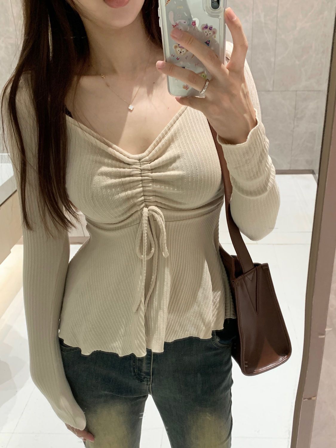 純欲風韓版打底衫女秋季新款美式復古抽繩修身長袖V領百搭上衣潮