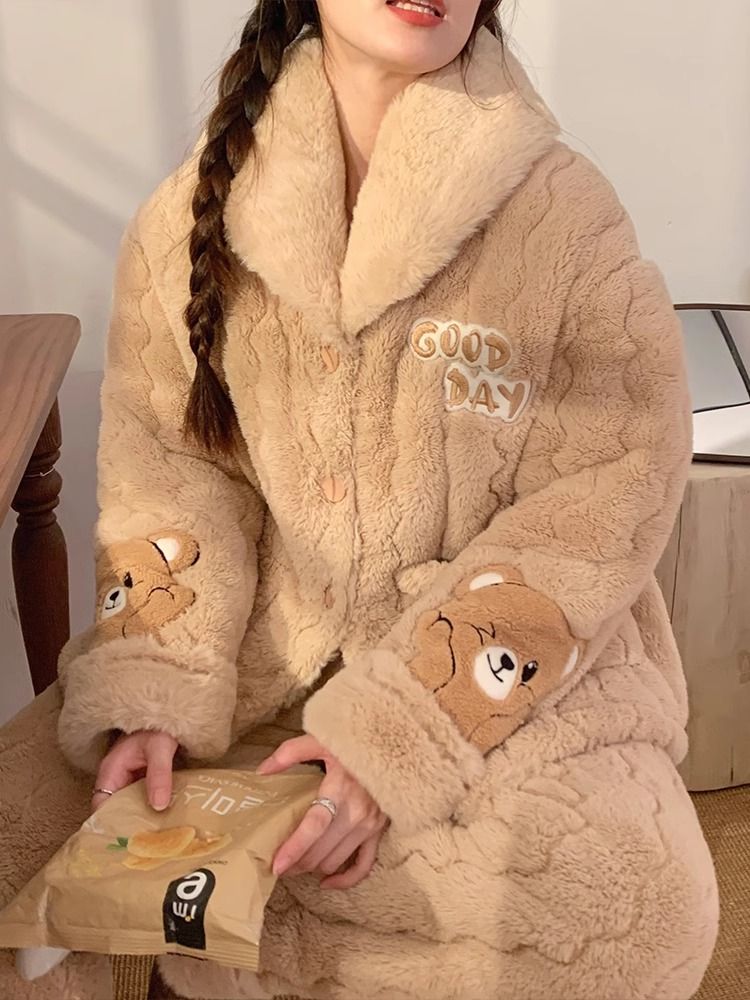 珊瑚絨睡衣女冬季三層夾棉襖新款加絨加厚秋冬天保暖法蘭絨家居服