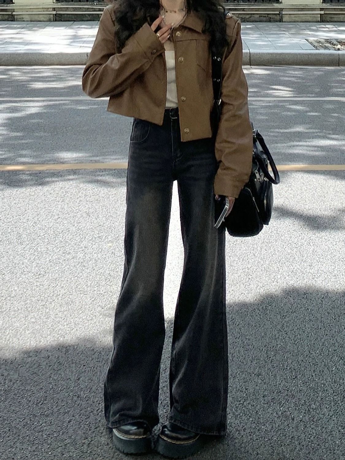 黑灰色闊腿牛仔褲女秋冬胖妹妹mm高腰顯瘦九分直筒褲梨形身材長褲