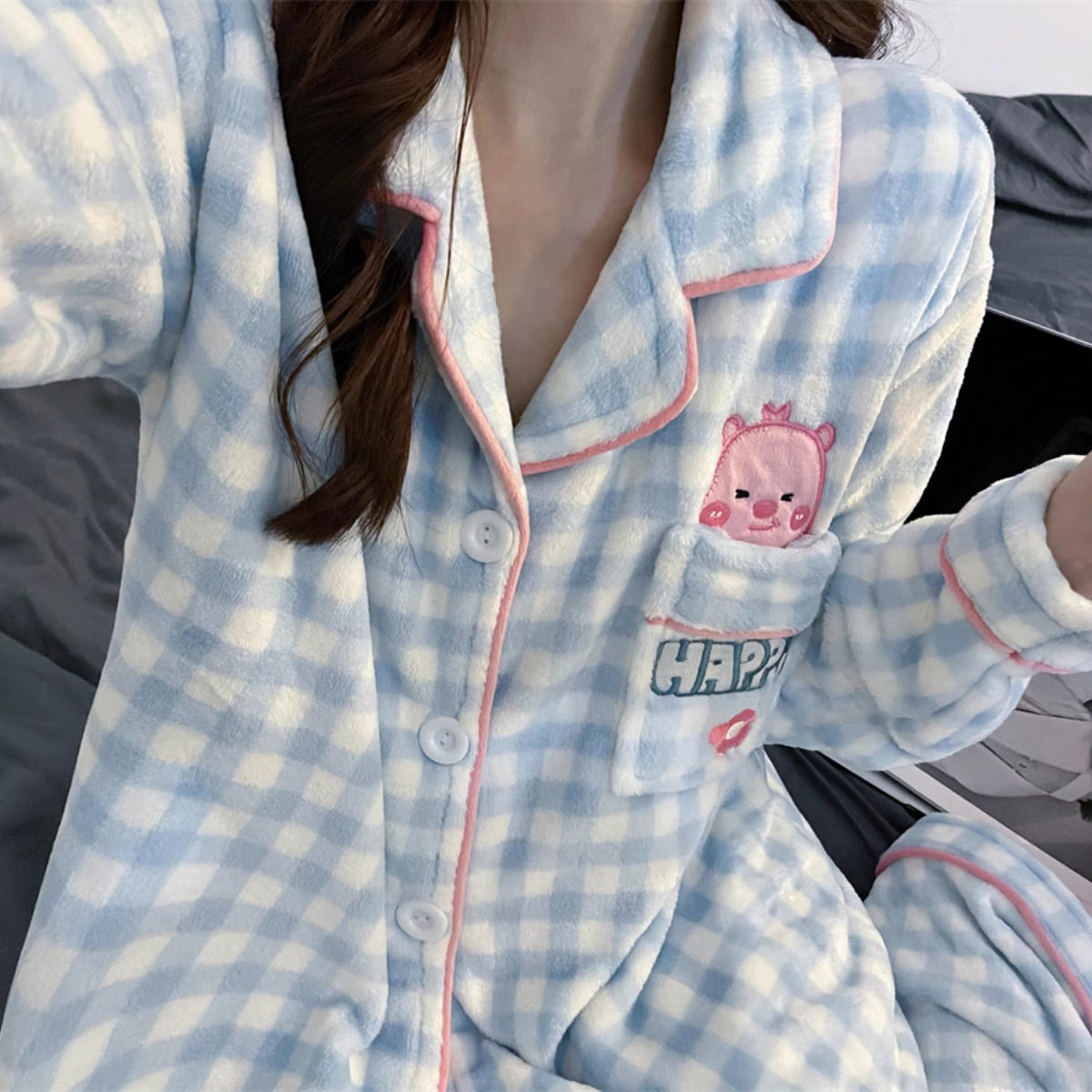 loopy cute pajamas women winter embroidery plus velvet warm thickening ins coral flannel home wear plaid suit