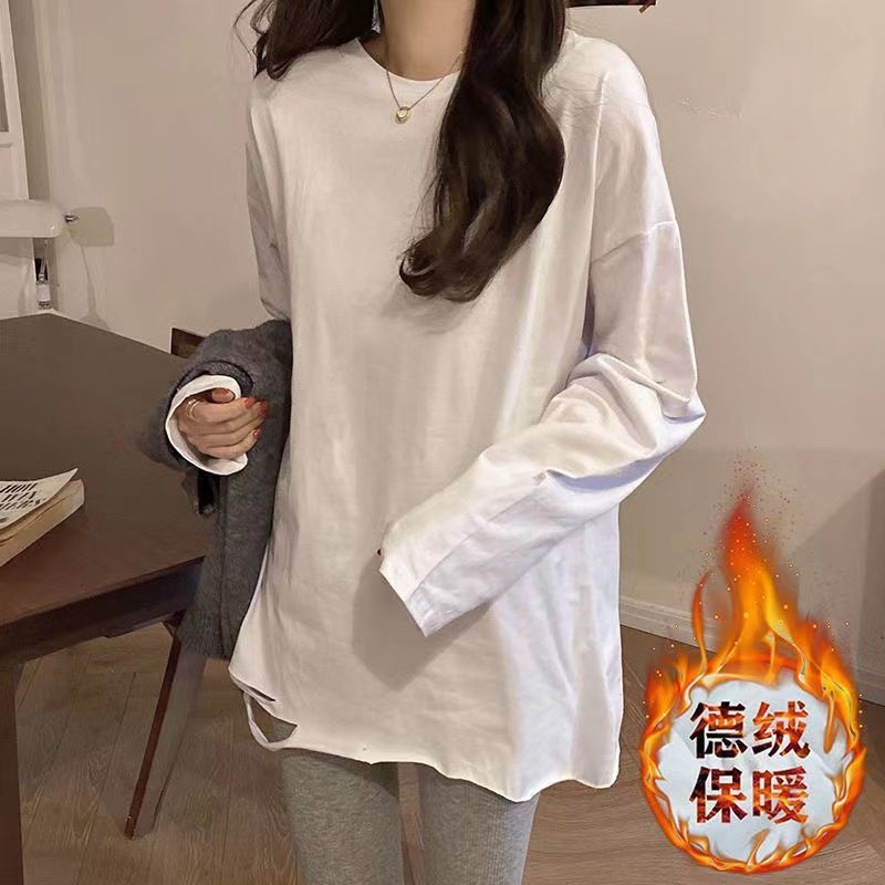 白色圓領加絨打底衫T恤秋季新款韓版設計感小眾破洞長袖內搭上衣