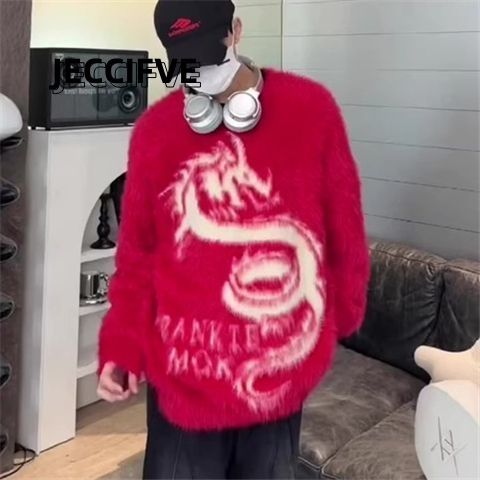 JECCIFIVE中國龍紅色聖誕氛圍感針織毛衣男女小眾簡約設計感上衣
