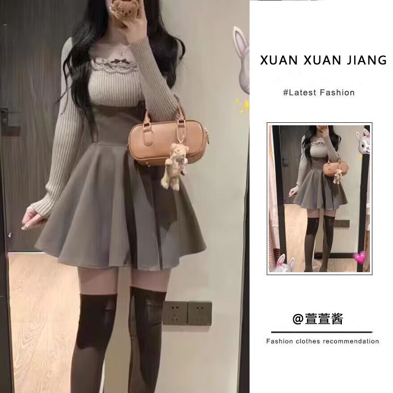 套裝女2024春新款純欲風辣妹收腰顯瘦背帶連衣裙打底毛衣針織上衣
