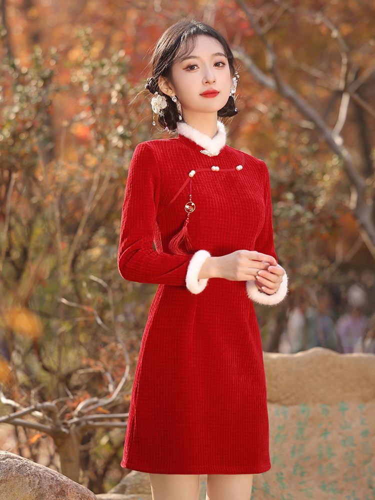 红色旗袍2024新款过年拜年服大人新年战袍冬季加厚小个子喜庆女装