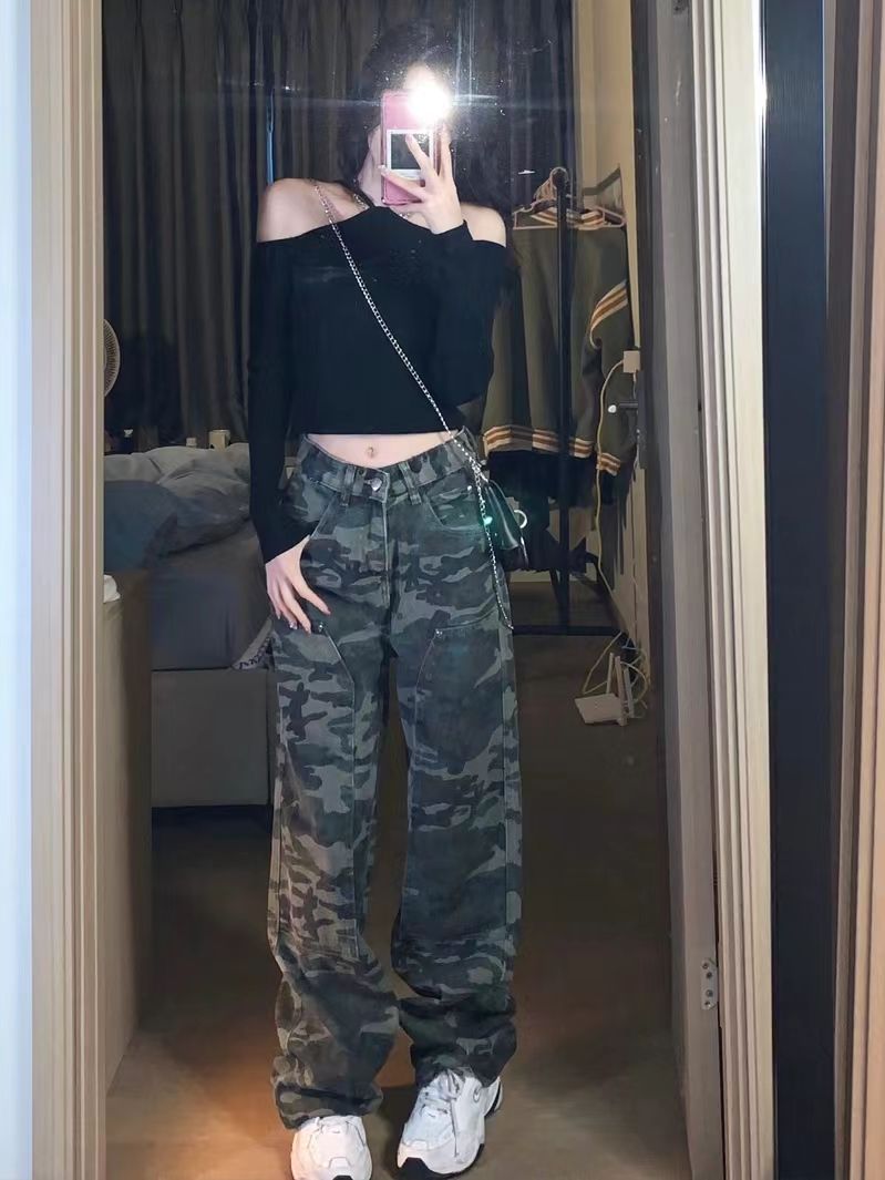 復古嘻哈迷彩牛仔褲女秋冬新款高腰寬鬆顯瘦修身百搭直筒長褲子潮