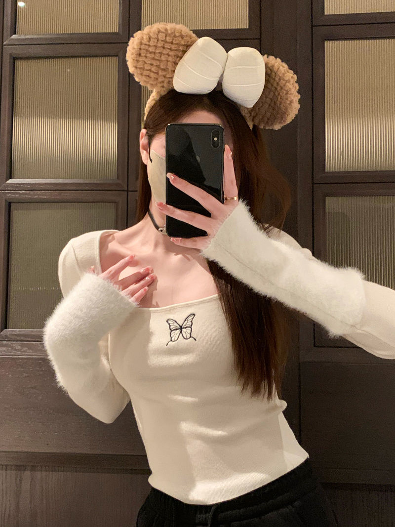 韓版甜美女裝秋冬季新款內搭方領上衣長袖修身短款簡約時尚打底衫