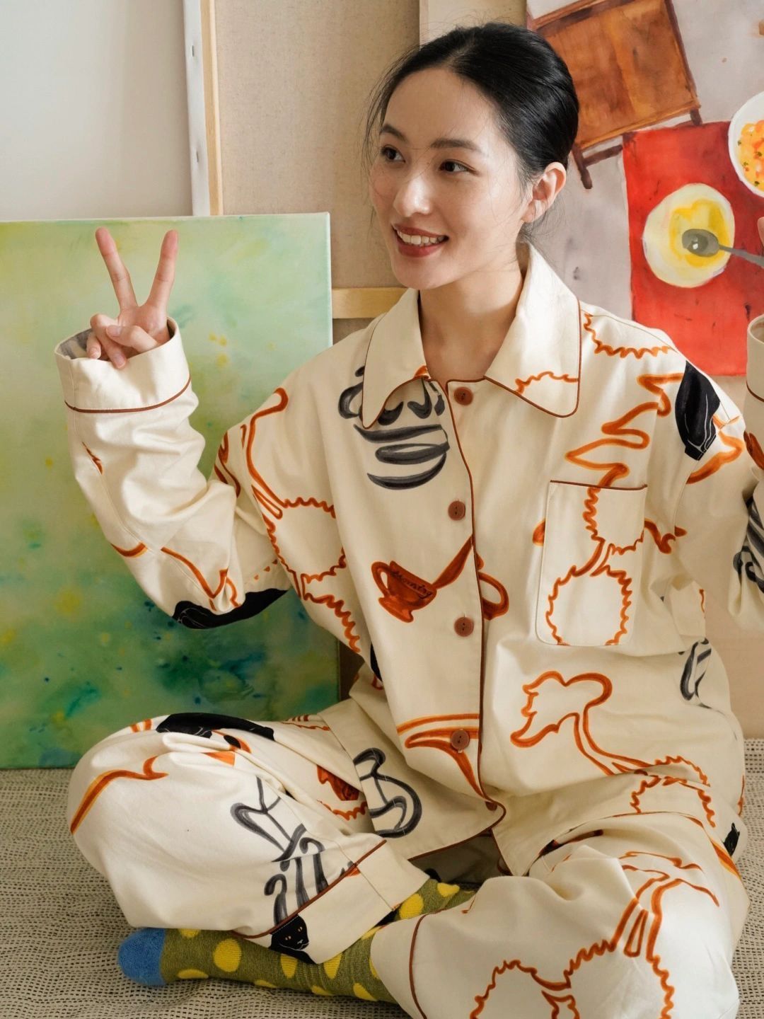 卡通印花長袖睡衣女秋冬季2023年新款網紅風可外穿居家服休閒套裝