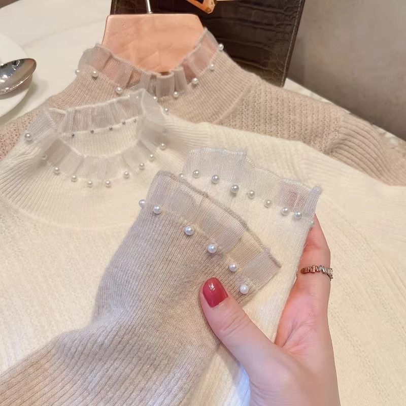 Xiaoxiangfeng half-high collar inner bottoming shirt for women winter spring and autumn new pearl sweater 2024 lace knitted top