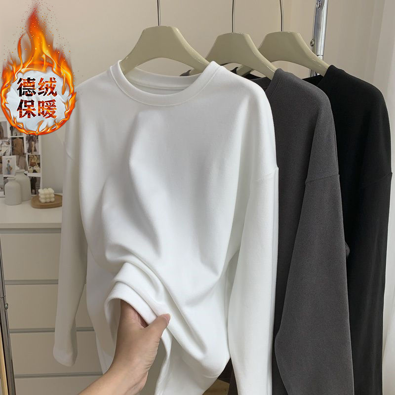 德絨保暖打底衫女春秋內搭加絨加厚純色T恤寬鬆百搭圓領磨毛上衣