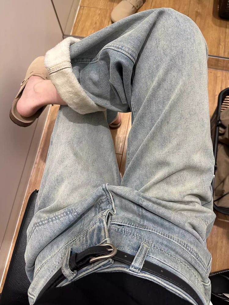 小個子藍色加絨牛仔褲女冬季新款設計感高腰直筒顯瘦寬鬆闊腿褲潮