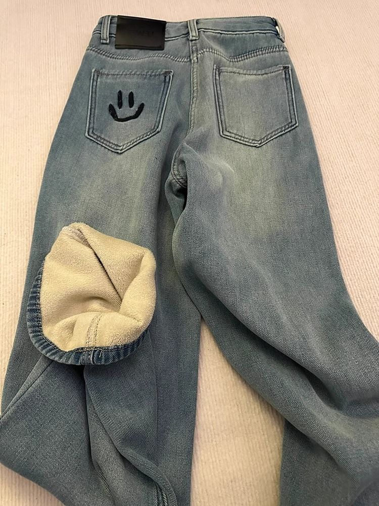 歐貨爆款笑臉刺繡2023秋冬季加厚絨牛仔褲女高腰窄版顯瘦直筒長褲