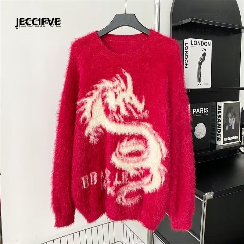 JECCIFIVE秋冬仿水貂絨本命年針織毛衣男女寬鬆顯瘦個性情侶上衣