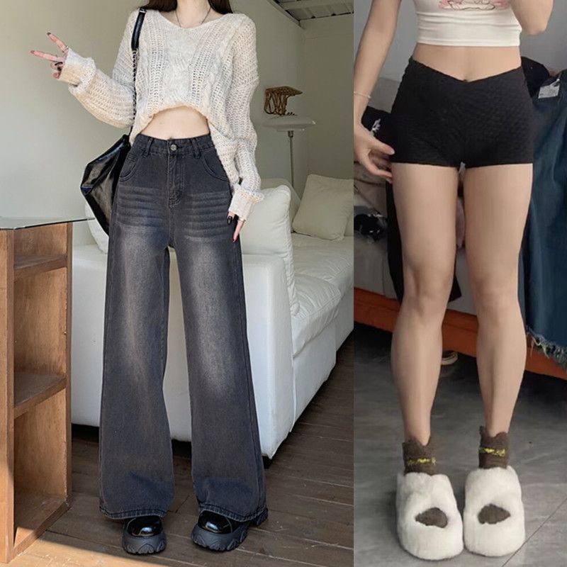 大碼胖mm美式復古闊腿牛仔褲女秋冬高腰寬鬆拖地褲黑灰色直筒褲褲