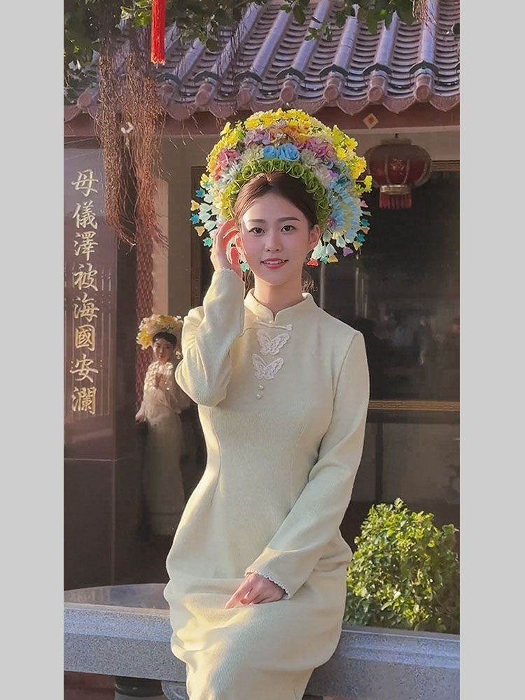 新中式女裝淺綠色旗袍連衣裙秋冬2023新款小個子初戀清純奶甜裙子