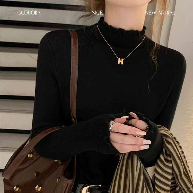 白色加絨加厚打底衫女秋冬爆款洋氣木耳邊螺紋長袖一體絨修身上衣