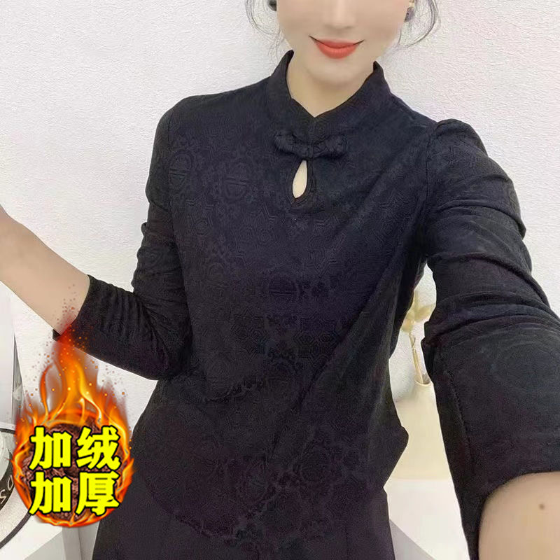 加絨國風內搭立領保暖打底衫女新款設計感盤扣修身百搭上衣潮
