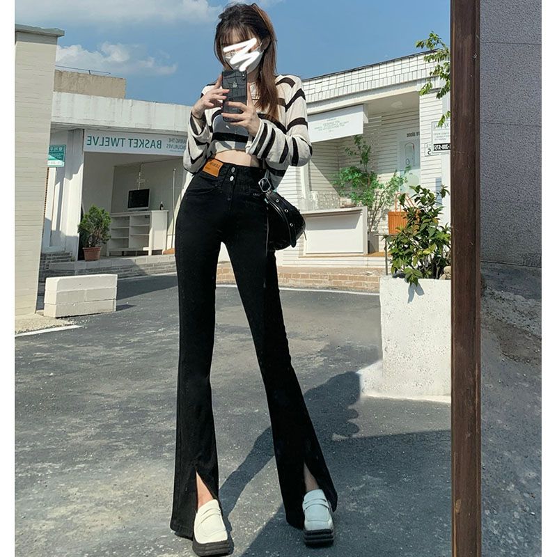 女士高腰黑色開叉牛仔褲秋冬2023年新款爆款顯瘦拖地微喇叭長褲潮