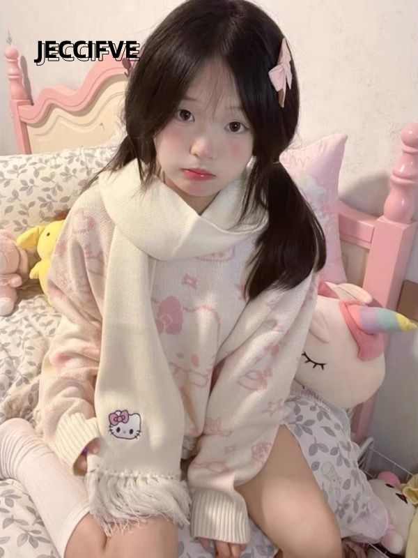 JECCIFIVE可愛kitty凱蒂貓針織毛衣男女簡約慵懶風小眾百搭潮上衣