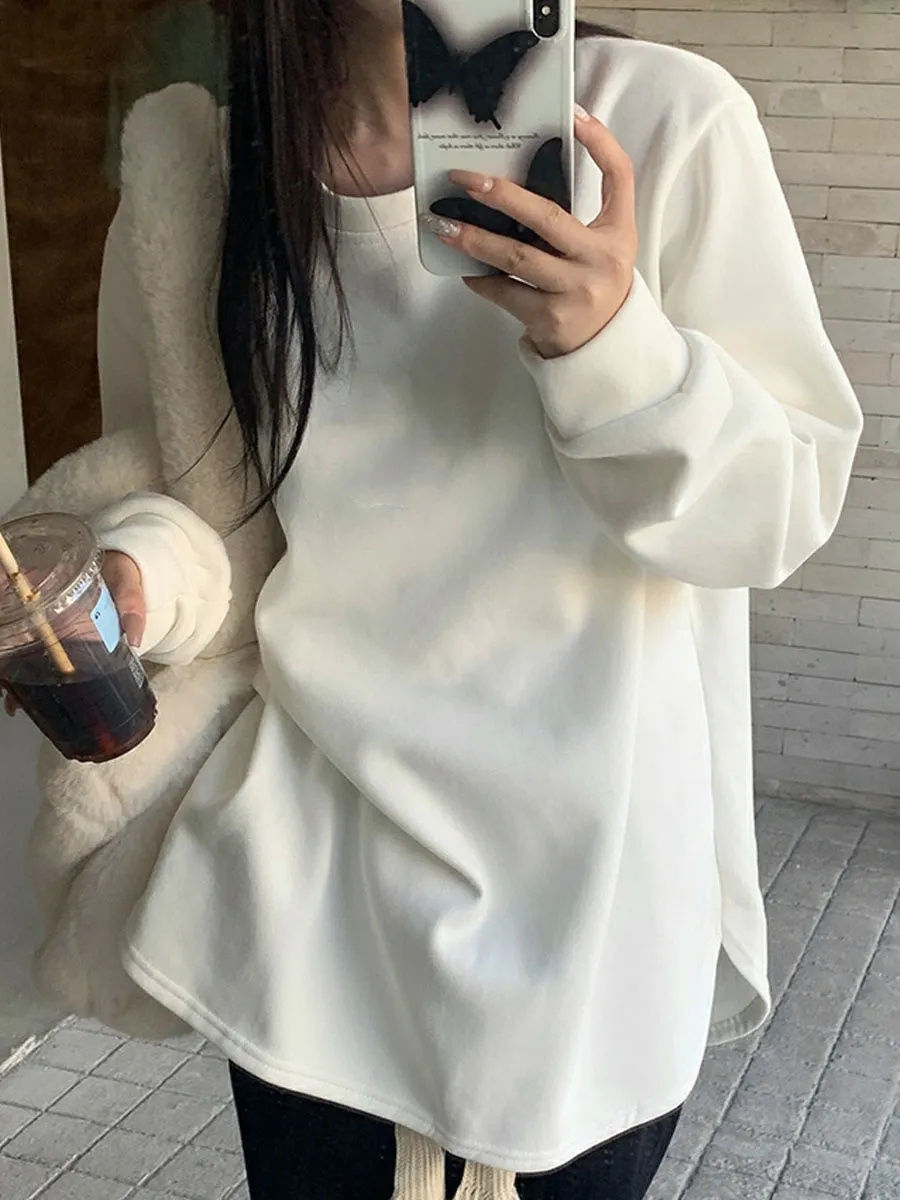 重磅德絨t恤白色打底衫女冬季加絨加厚寬鬆慵懶風內搭長袖上衣服