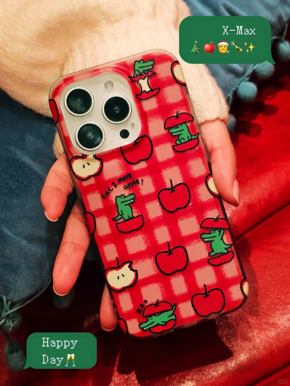 格纹红苹果鳄鱼适用iPhone15PROMAX手机壳苹果15新款14小众13/11
