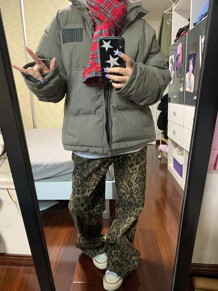 復古垂感豹紋牛仔褲女秋冬新款高腰寬鬆顯瘦直筒百搭拖地長褲子潮