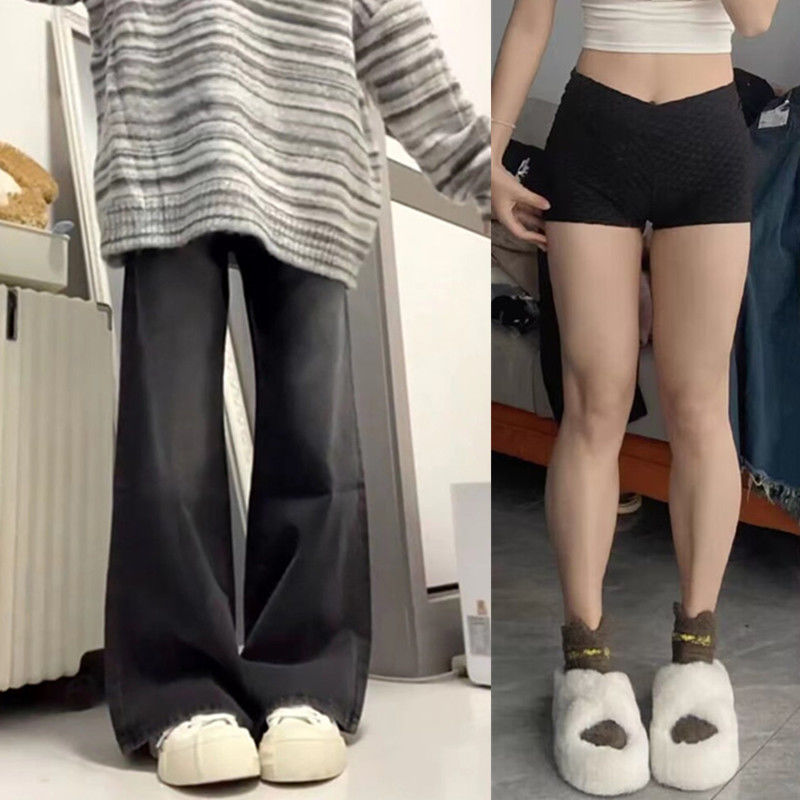 大碼胖mm黑灰色微喇叭牛仔褲女春秋美式復古高街寬鬆直筒闊腿褲潮