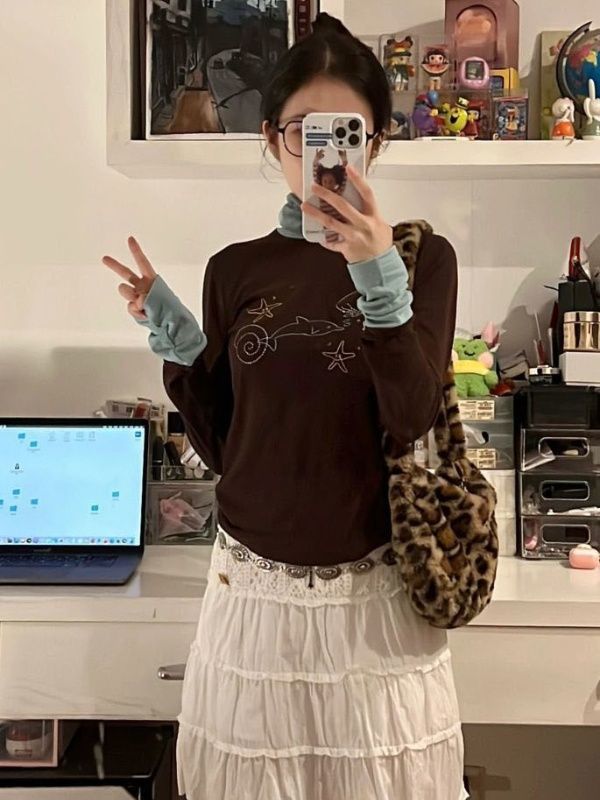 美式甜辣風半高領拼接撞色長袖T恤女秋季新款設計感小眾修身上衣