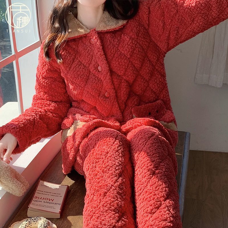 2023年新款睡衣女冬季三層加厚珊瑚絨夾棉襖紅色法蘭絨家居服套裝