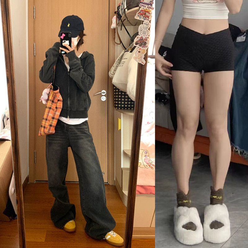 大碼胖mm美式灰色高腰直筒牛仔褲女秋冬新款寬鬆顯瘦拖地闊腿褲子