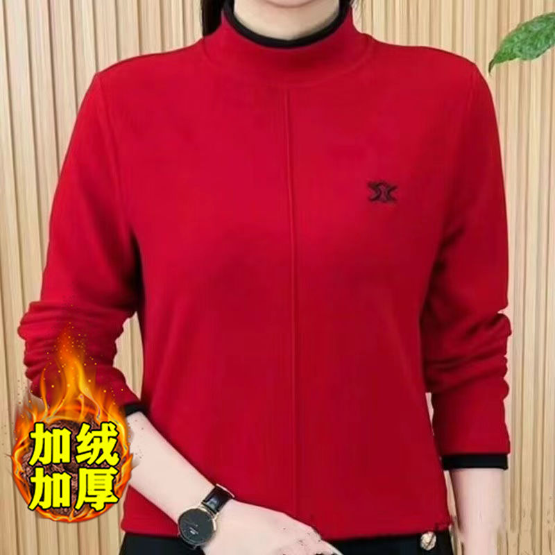 2023秋冬加絨高檔圓領新款氣質減齡媽媽裝顯瘦時尚百搭女上衣長袖