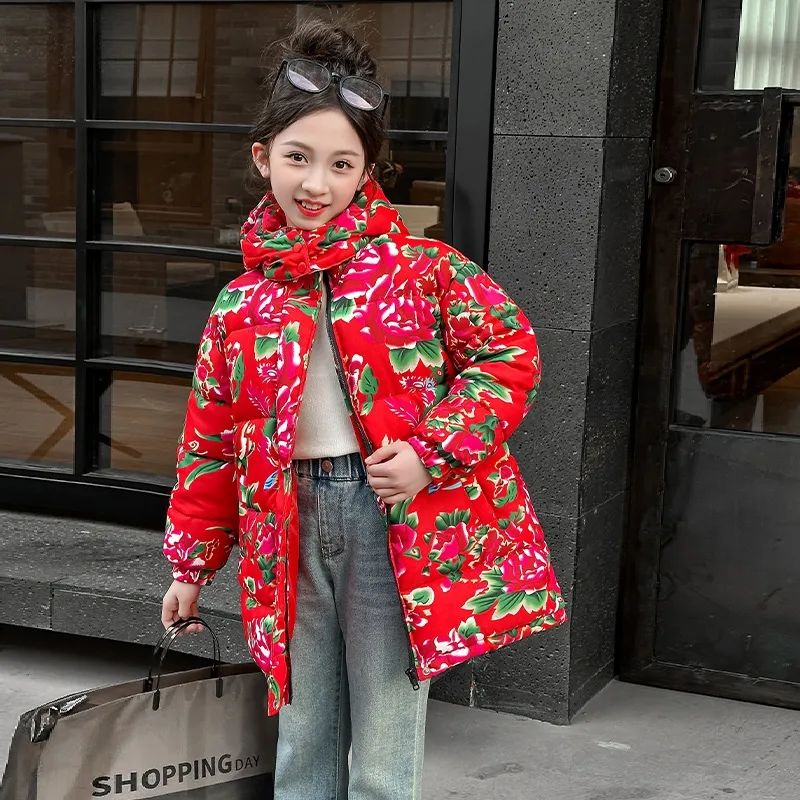Girls' Northeast large-flowered cotton-padded jacket winter new thickened New Year's greetings clothes for older children New Year clothes cotton-padded jackets