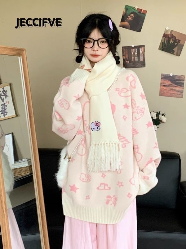 JECCIFIVE慵懶風卡通凱蒂貓圓領針織毛衣男女小眾簡約高級感上衣