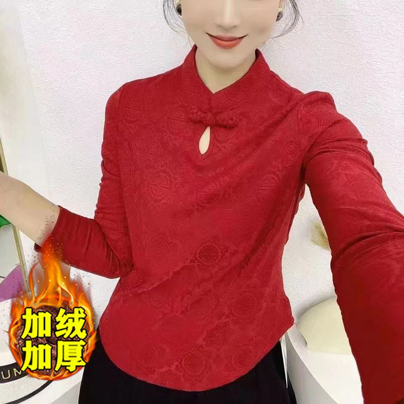 冬季加絨加厚國風盤口繡花女士長袖小衫打底衫襯衫女時尚提花百搭