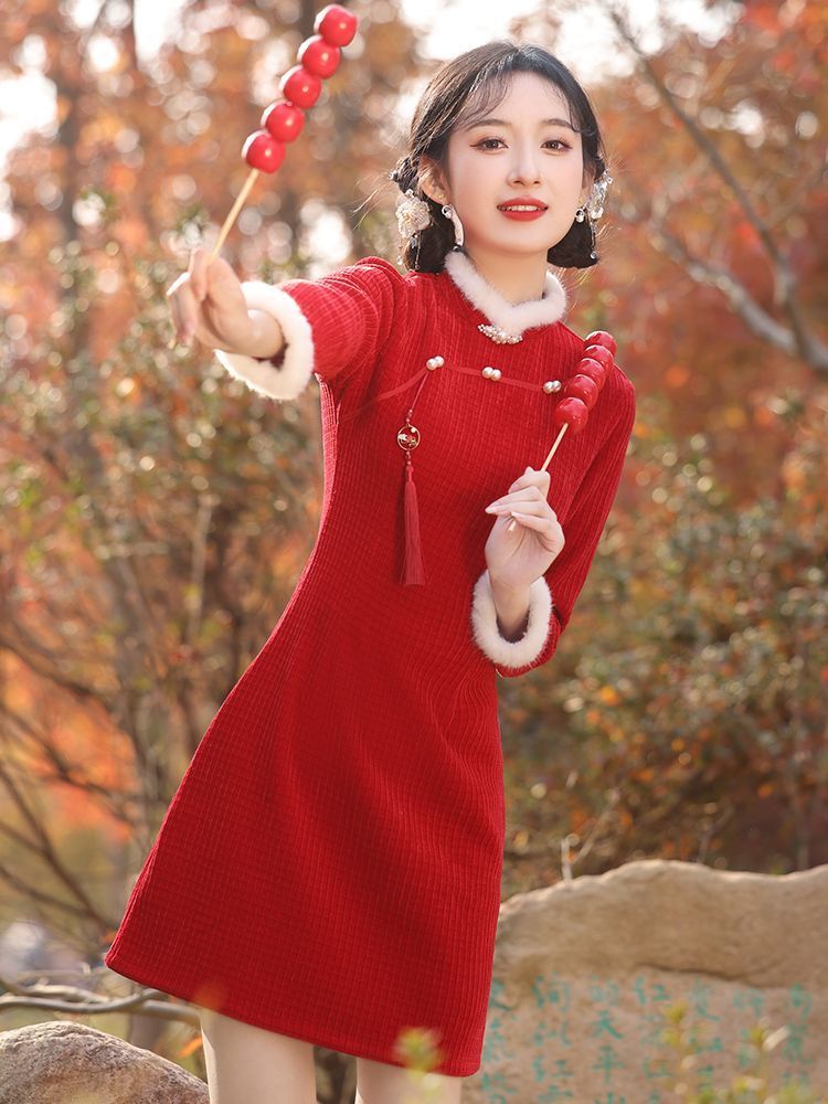紅色旗袍2024新款過年拜年服大人新年戰袍冬季加厚小個子喜慶女裝