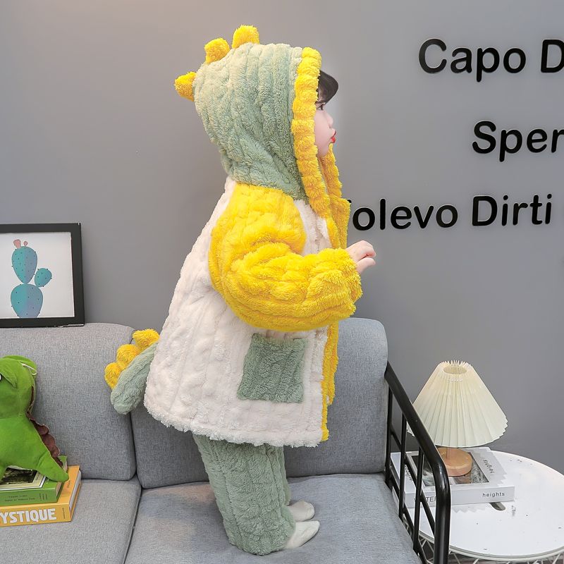 Children's pajamas for girls 2023 new autumn and winter thickened three-layer quilted girls' coral velvet baby dinosaur suit