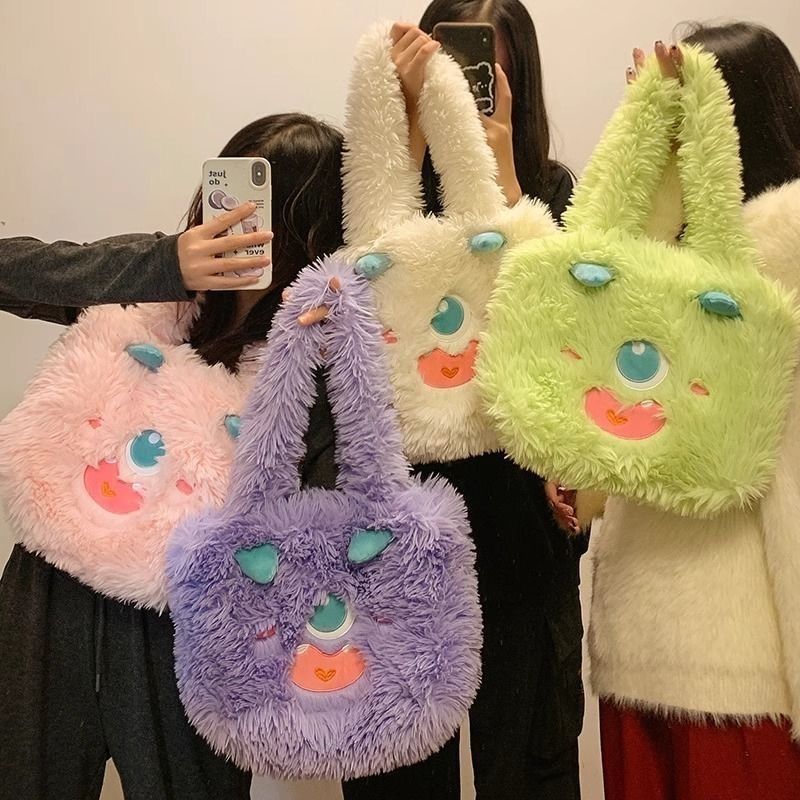 可愛小怪獸卡通毛絨包包女2023新款秋冬大容量手提包單肩托特包潮