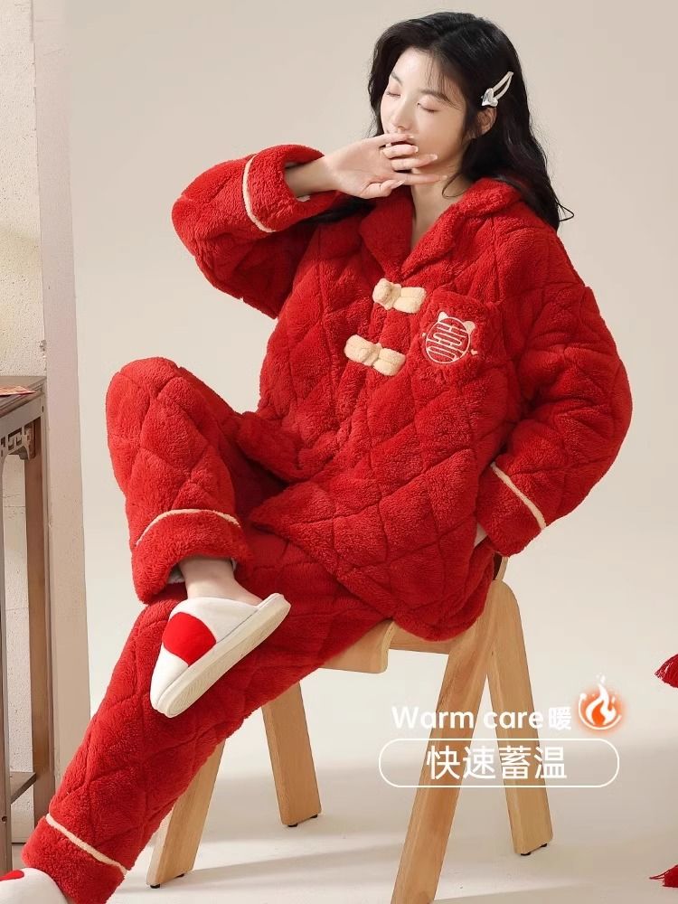 珊瑚絨睡衣女秋冬季加絨加厚三層夾棉襖新款紅色新婚法蘭絨家居服